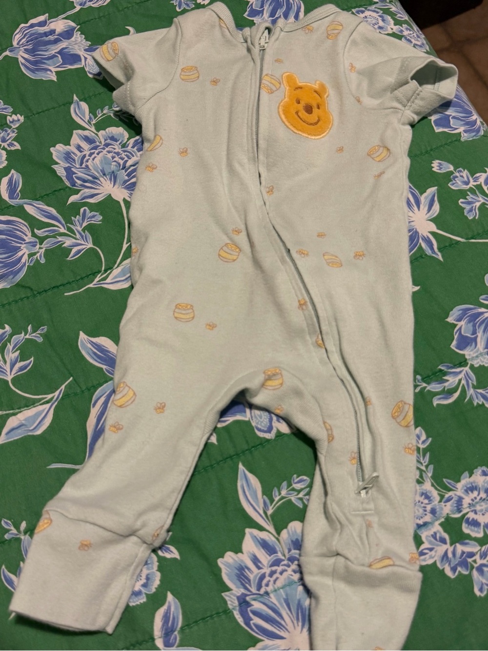 Baby One-Piece Romper in Light Mint with Yellow Pooh Accent